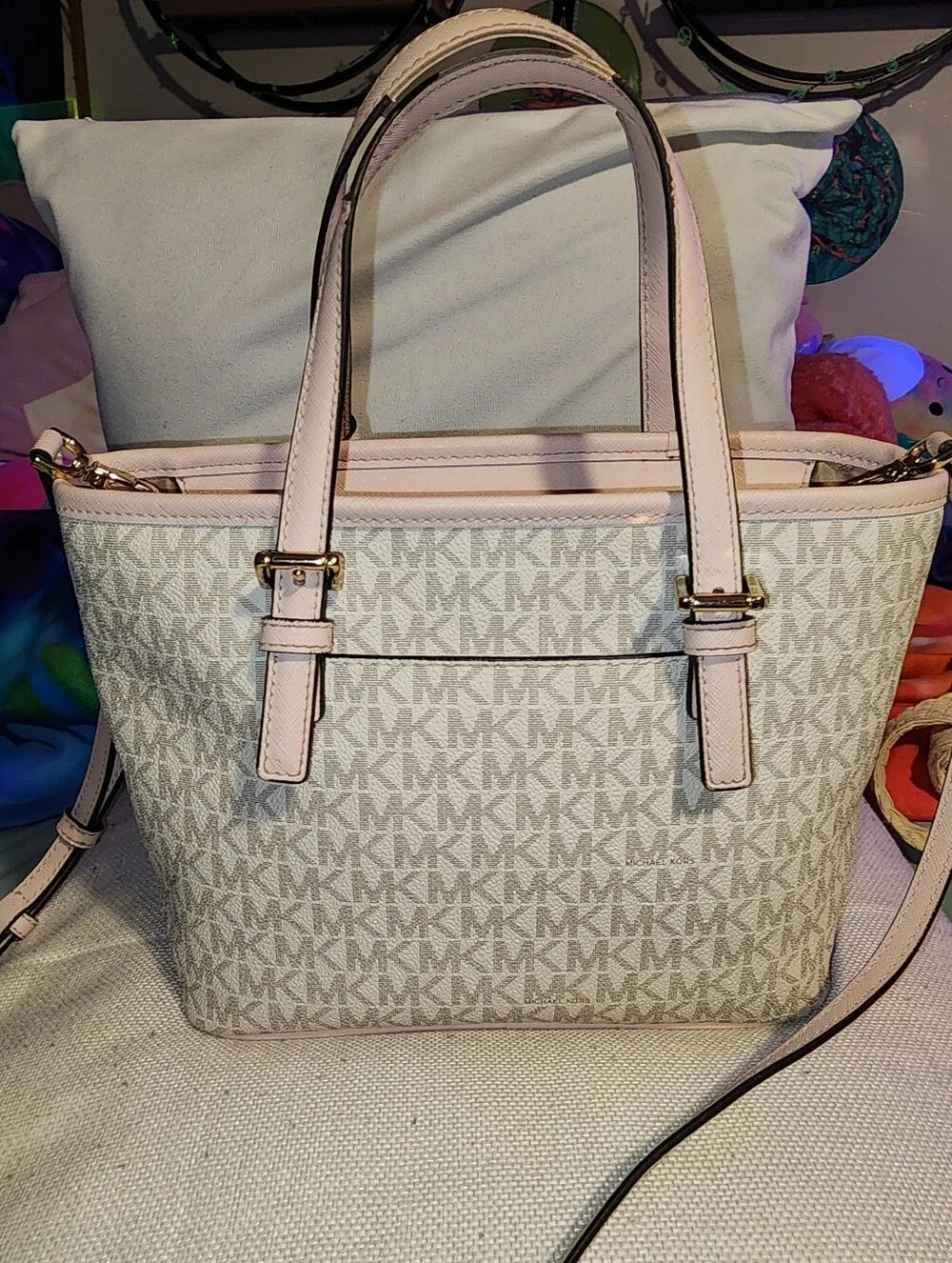 Michael Kors Jet Set Signature Monogram Light Pink and Beige Crossbody Purse